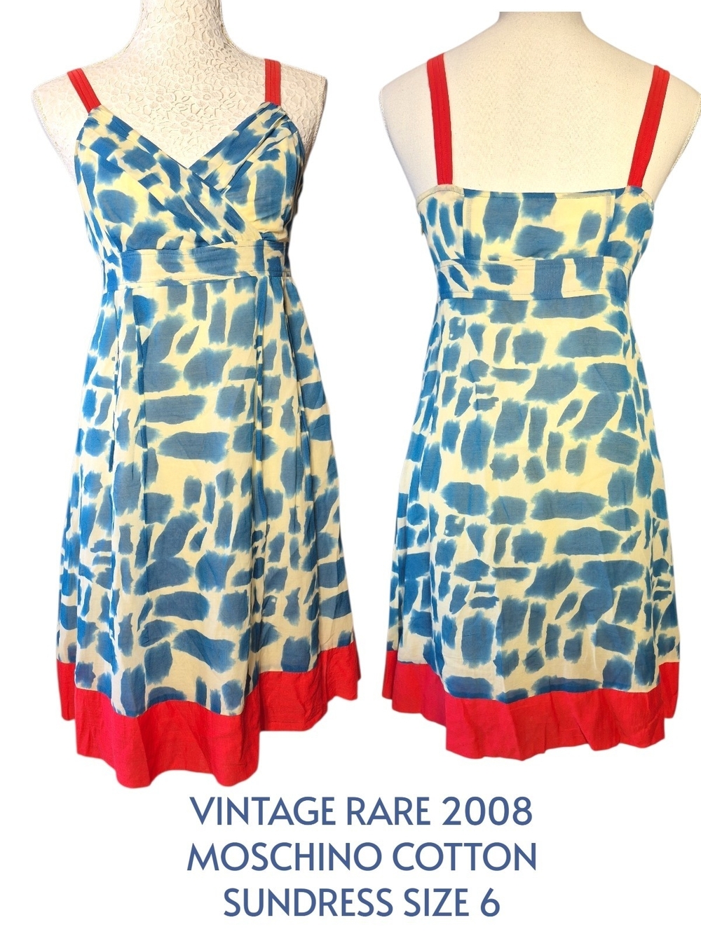 Moschino Vintage Blue & Cream Abstract Geo Print Midi Dress with Red Trim Size 6